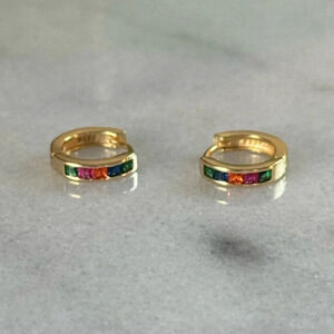 New Drop! Gold Rainbow Crystal Thick Small Huggie Hoop Earrings